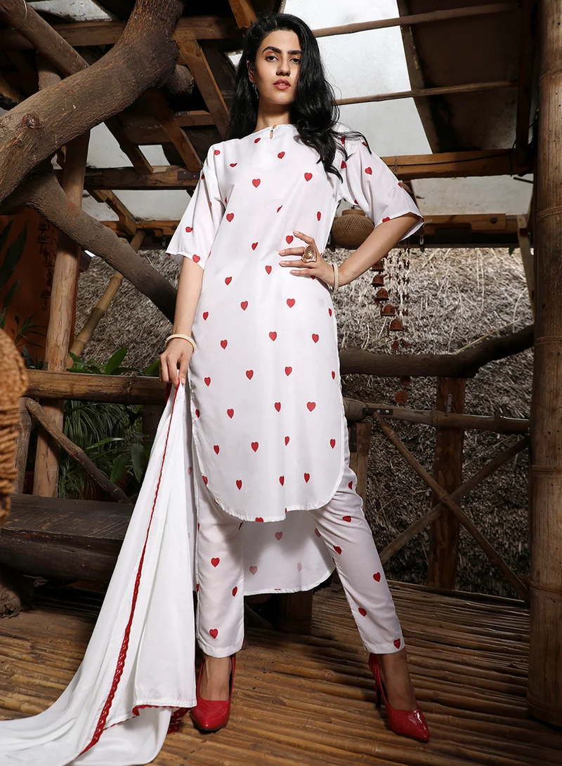 QISSA Women's Powder White Hearts Kurta With Trousers And Dupatta For Casual Wear | Keyhole Neck | Short Sleeve | 3 Piece Kurta Set Designed With Comfort Fit For Everyday Ethnic Wear